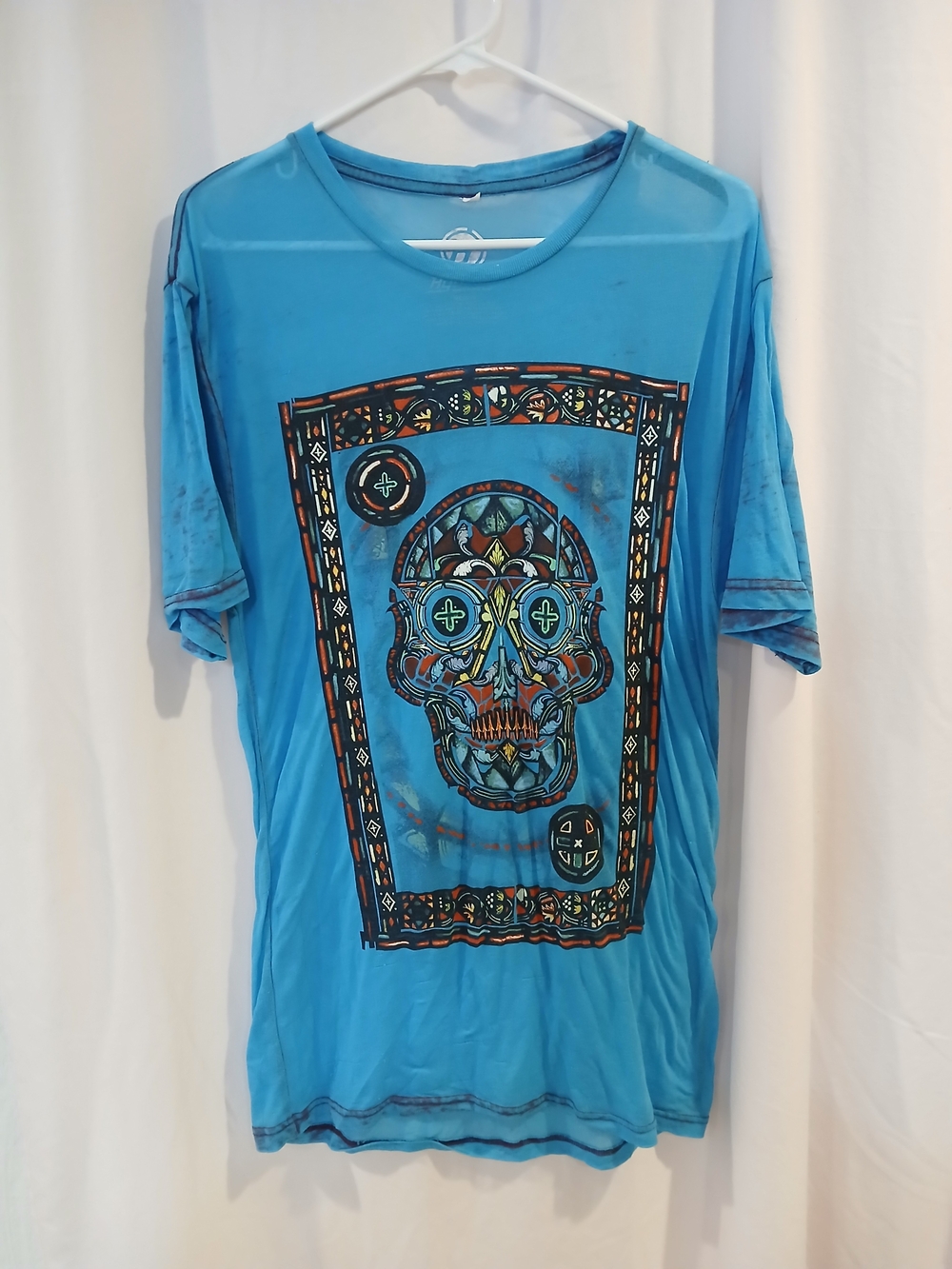 Hybrid Apparel Blue Short-Sleeve Tee with Colorful Skull Graphic